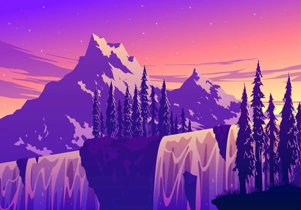 Waterfall And Mountain Landscape Illustration
