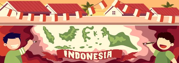 Two Kids Painting Mural Celebrate Indonesia Independence Day Illustration - Stok Vektor