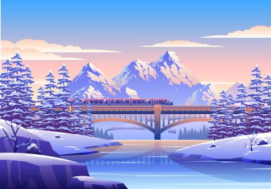 Karlı Kış Manzarası Çizimleri Tren, Köprü, Çam Ağaçları ve Dağları