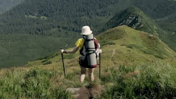 Mujer Vagabunda Cima Montaña Shpitsy Cárpatos Viajes Deporte Estilo Vida — Vídeos de Stock