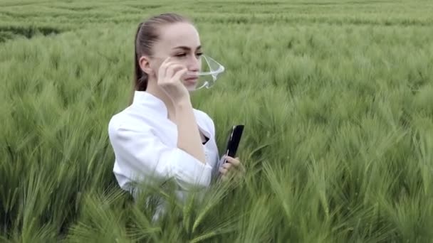 Eine Junge Bäuerin Weißen Bademantel Überprüft Grünen Weizenfeld Den Erntefortschritt — Stockvideo