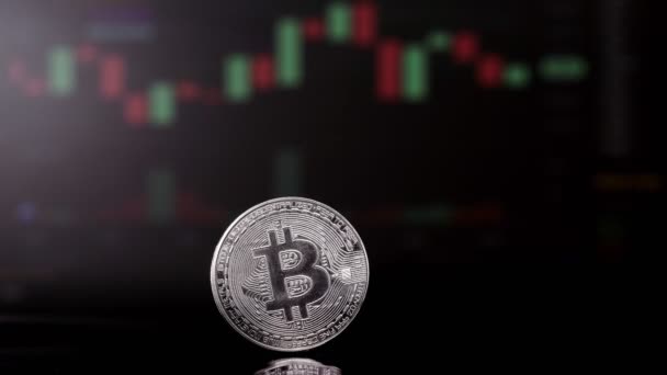 Coin Bitcoin Auf Dem Hintergrund Kryptowährungshandel Diagramm Auf Dem Computerbildschirm — Stockvideo