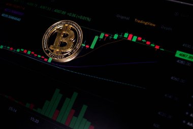 Bilgisayar ekranında arka plan kripto para işlem grafiği üzerinde para Bitcoin. Dijital para, bankacılık, yatırım, finans ve iş konsepti