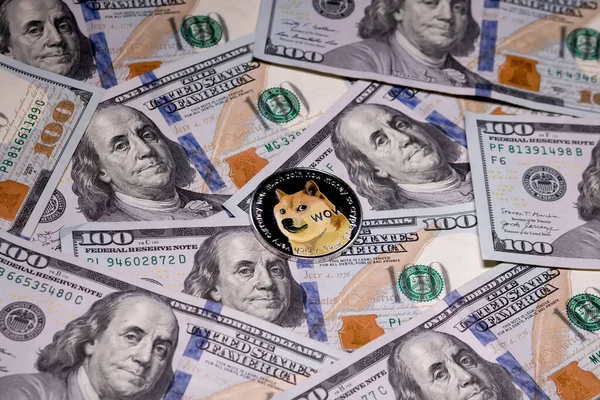 Shiba Inu Érme 100 Dolláros Amerikai Bankjegyek Digitális Cryptocurrency Közelkép — Stock Fotó