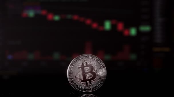Moneta Bitcoin Sullo Sfondo Grafico Trading Criptovaluta Sullo Schermo Del — Video Stock