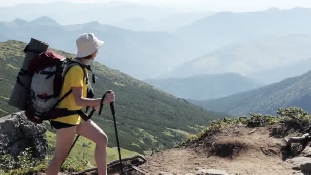 Dağın Tepesinde Yürüyen Kadın Turist Yürüyüşçüler Hayat Manzarasının Tadını Çıkarırlar — Stok video