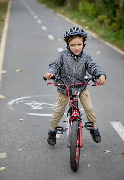 Menino Capacete Passeio Bicicleta Caminho Bicicleta Parque — Fotografia de Stock