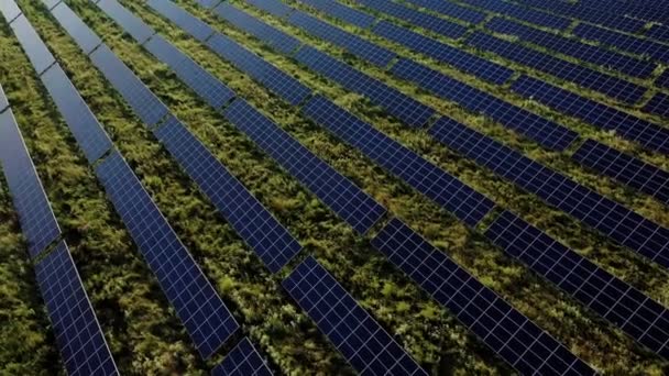 Luftaufnahme Von Sonnenkollektoren Stehen Bei Sonnenaufgang Überflugfelder Grüne Energielandschaft Konzept — Stockvideo