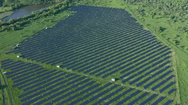 Aerial View Solar Power Station Green Field River Sunny Day — Stock Video