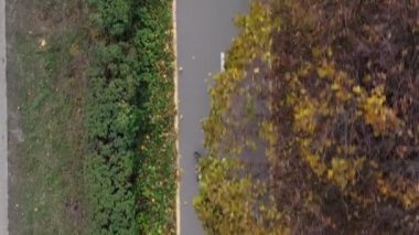 Sonbahar parkında bisiklet süren hava manzaralı çocuk. Aktif aile eğlencesi. Şehir bisiklet yolunda bisiklet gezintisi. Sağlıklı bisiklet yaşam tarzı.