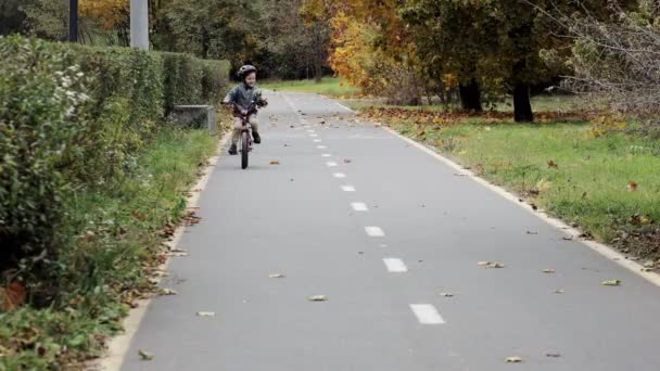 Menino Capacete Passeio Bicicleta Caminho Bicicleta Parque — Vídeo de Stock