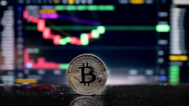 Munt Bitcoin Achtergrond Cryptogeld Trading Chart Computerscherm Digitaal Geld Bankieren — Stockvideo