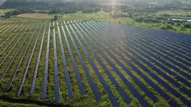 太陽電池パネルの空中ビューは日の出に立つ フライオーバーフィールドグリーンエネルギー景観 生態系 イノベーション 地球温暖化の概念 — ストック動画