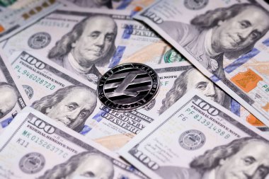 Gümüş Litecoins madeni parası ve 100 dolarlık banknotlar. Dijital kripto para birimi yakın plan. Değişim, meşguliyet, reklam. Madencilik kripto paralarından kazanç.