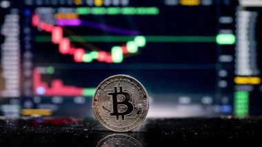 Bilgisayar ekranında arka plan kripto para işlem grafiği üzerinde para Bitcoin. Dijital para, bankacılık, yatırım, finans ve iş konsepti.