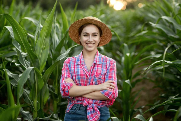 Portrait Young Woman Farmer Inspecting Corn Field Summer Sunny Day — Stock Photo, Image