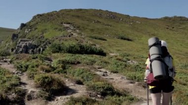 Dağın tepesinde yürüyen kadın turist. Yürüyüşçüler hayat manzarasının tadını çıkarırlar. Yaz tatili macerası. Sırt çantalı gezgin yaz yürüyüşü yapıyor..
