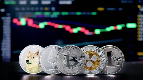 Coin Bitcoin, Ethereum, Litecoin, Shiba und Ripple auf dem Hintergrund Kryptowährungshandel Chart auf dem Computerbildschirm. Digitales Geld, Bankwesen, Investitionen, Finanzen und Geschäftskonzept — Stockvideo