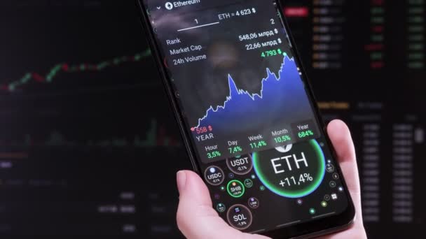 Cryptocurrency Pairs. Bubble Chart, Graph. Interest, index, drop, growth, numbers on a smartphone screen in a mobile app. Broker touches screen with a finger, analyzes financial indicators ETH — 图库视频影像