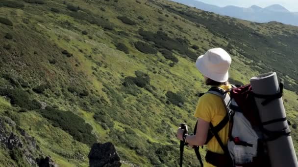 Turista Mujer Caminando Cima Montaña Los Excursionistas Viajan Disfrutar Vida — Vídeos de Stock