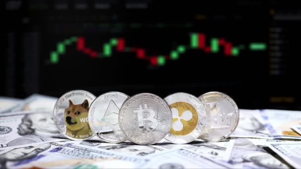 Coin Bitcoin, Ethereum, Litecoin, Shiba und Ripple auf Dollar im Hintergrund Kryptowährungshandel-Chart auf dem Computerbildschirm. Digitales Geld, Bankwesen, Investitionen, Finanzen und Geschäftskonzept — Stockvideo