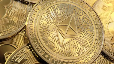 ETH, bitcoins arkaplan, kripto para yatırım kavramı üzerine Ethereum sikke.