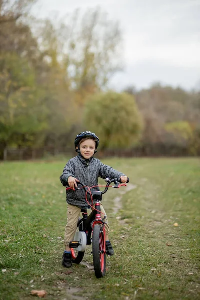 Retrato Menino Sorridente Capacete Com Uma Bicicleta Parque — Fotografia de Stock
