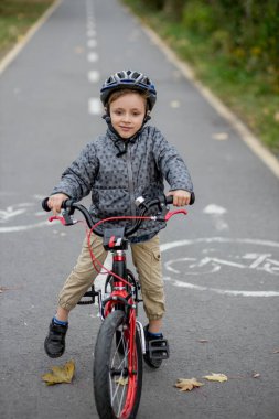 Kasklı küçük bir çocuk parktaki bisiklet yolunda bisiklet sürüyor..