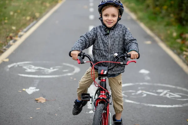 Menino Capacete Passeio Bicicleta Caminho Bicicleta Parque — Fotografia de Stock