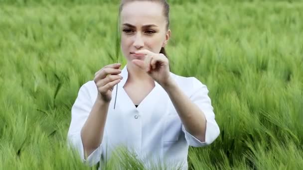 Ökologe Weißem Kittel Und Brille Begutachtet Pflanzen — Stockvideo