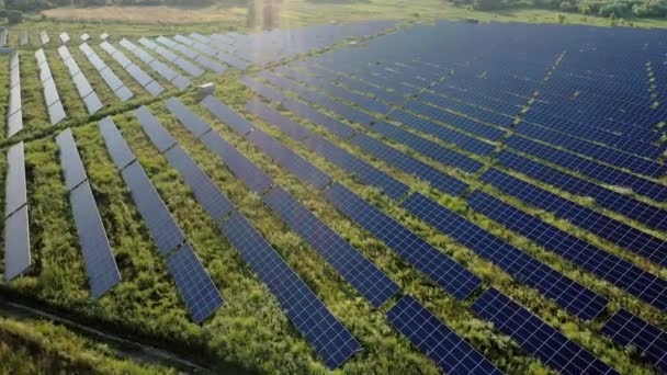 Bovenaanzicht Van Een Enorme Fotovoltaïsche Centrale Een Veld Bij Zonsondergang — Stockvideo