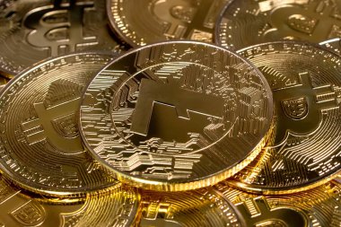 Bitcoins arkaplanı üzerine Litecoin LTC madeni para, kripto para yatırım kavramı.