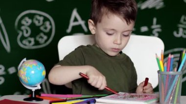 Küçük Çocuk Keçeli kalemle çizim yapmayı öğreniyor. Evde Çocuk Eğitimi. Yaratıcı Anaokulu Çalışması.