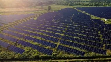 Güneşli bir günde Green Field 'daki Güneş Enerjisi İstasyonu' nun Aerial Top görüntüsü. İnsansız hava aracı Güneş Çiftliği üzerinde uçuyor. Bir sürü Güneş Paneli Güç Üretimi için sırada bekliyor. Yenilenebilir yeşil enerji