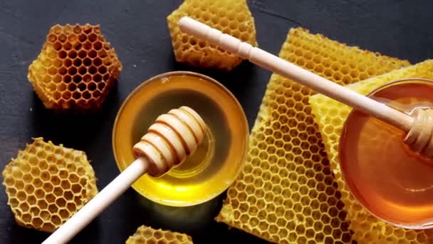 Honey Dripping Pouring Wooden Spoon Liquid Fresh Golden Honey Honeycombs — Stock Video