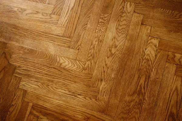 Koyu kahverengi Noel ağacı şeklinde klasik bir meşe parke. Kahverengi, pürüzsüz parke zemin. Dar tahtalardan alacalı ladin deseni..