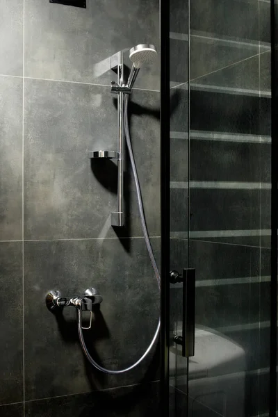 Minimalist Luxury Shower Fully Decorated Dark Gray Tiles Rain Head — Stock Photo, Image