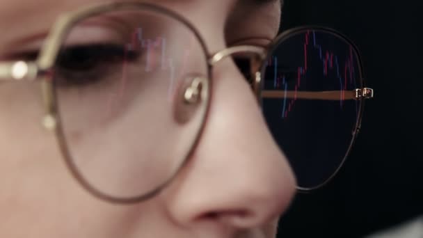 Close Young Woman Face Computer Graphing Display Glasses Woman Checking — Vídeo de stock