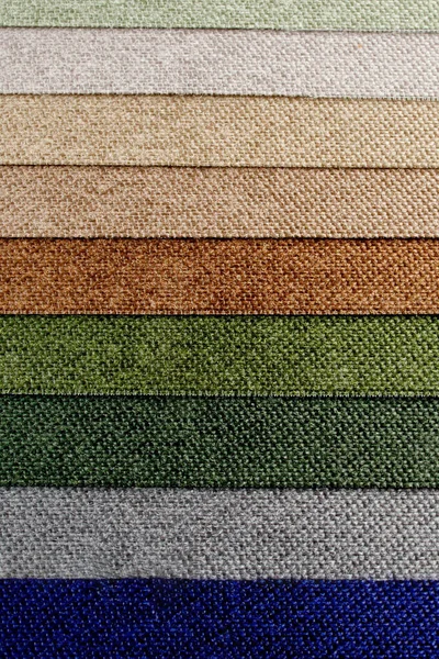 用于生产防晒用织物百叶窗的不同颜色的纹理织物样品 调色板可供选择 — 图库照片