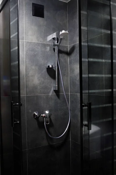 Minimalist Luxury Shower Fully Decorated Dark Gray Tiles Rain Head — Stock Photo, Image