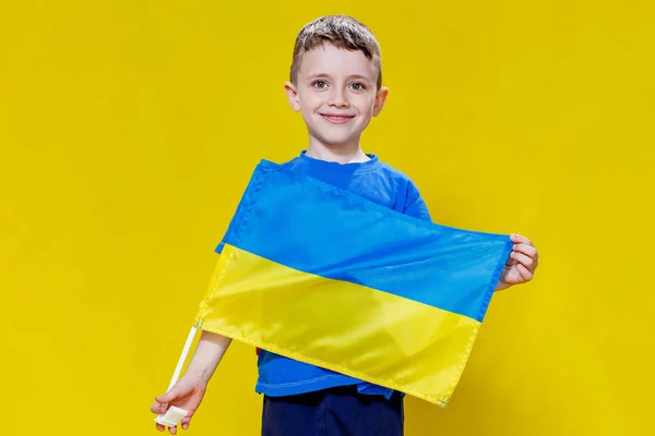 Little Boy Smiling Holding Yellow Blue Flag Flag Ukraine Kid — Stock Photo, Image