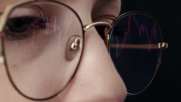 Close Young Woman Face Computer Graphing Display Glasses Woman Checking — Vídeo de stock