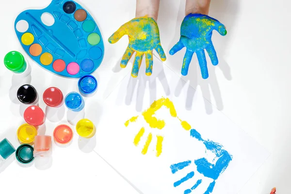 Children Handprints Blue Yellow Palm Prints White Sheet Paper Children — Photo