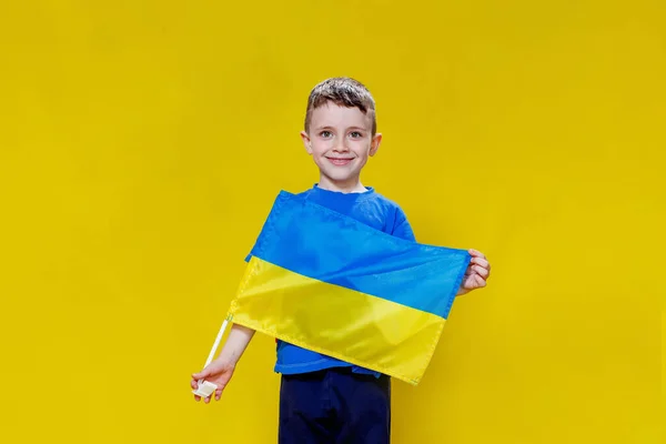 Ένα Μικρό Αγόρι Χαμογελάει Κρατώντας Μια Κίτρινη Και Μπλε Σημαία — Φωτογραφία Αρχείου
