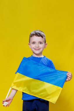 Little boy smiling holding a yellow and blue flag Ukraine. Ukrainian child. Independence Day of Ukraine. Flag Day.