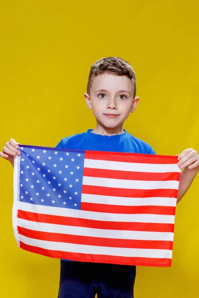 Little Smiling Boy Holding American Flag Yellow Background Patriotism Independence — Stock Photo, Image