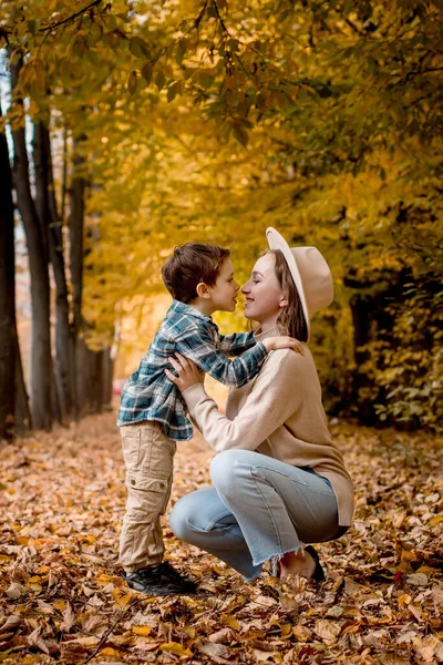 Mother Her Little Son Touching Noses Smiling Family Dressed Autumn — Stock Photo, Image