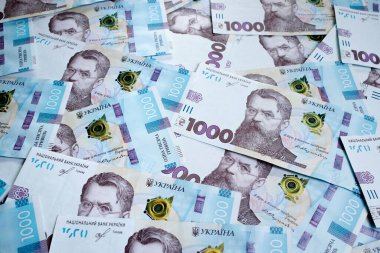 Geçmişi 1000 Hryvnias. Para dokusu. Bir sürü Ukrayna hrivniası. Volodymyr Vernadsky ile Ukrayna banknotu