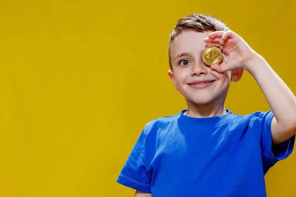 Little Happy Preschool Boy Blue Shirt Holding Bitcoin Front His — Stockfoto