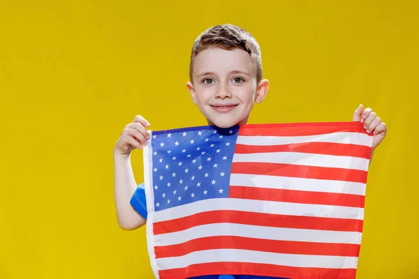 Little Smiling Boy Holding American Flag Yellow Background Patriotism Independence — Stock Photo, Image